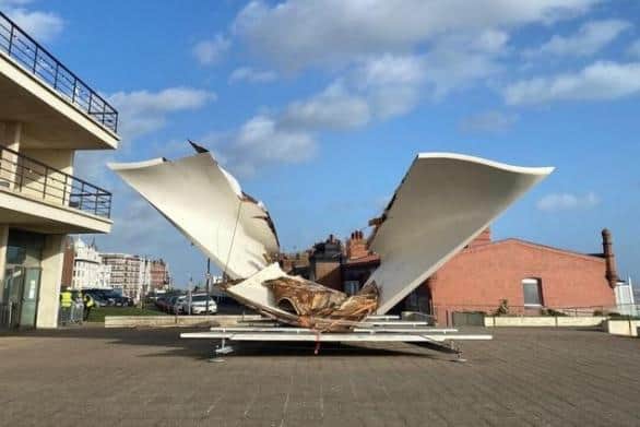 The De La Warr Pavilion Bandstand has been torn apart by the high winds of Storm Eunice. Pic: De La Warr Pavilion.