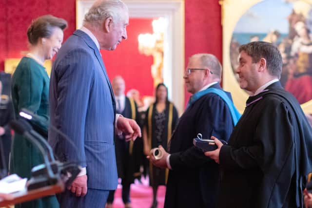 Andrew Green pictured receiving the Queen's Anniversary Prize for Chichester College Group from HRH The Prince of Wales. SUS-220222-115400001