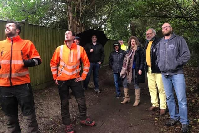 Mid Sussex District Council leader Jonathan Ash Edwards, Mid Sussex MP Mims Davies and Grove Garden chair Nigel Ryan with the tree surgeons on Saturday (February 19). Picture: Grove Garden.