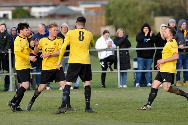 Littlehampton Town celebrate a goal in their Vase tie v Brockenhurst, which they won on penalties / Picture: Stephen Goodger