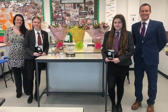Chichester Free School students Isla Kavanagh Brown and Tammy-Marie Goddard with Tanya Pye, food tech teacher, and Ben Phillips, deputy principal: secondary lead