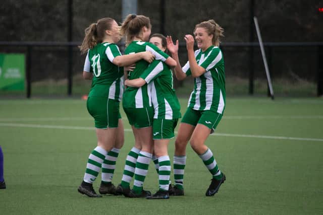 Chichester City Women celebrate one of their five goals at AFC Stoneham / Picture: Neil Holmes