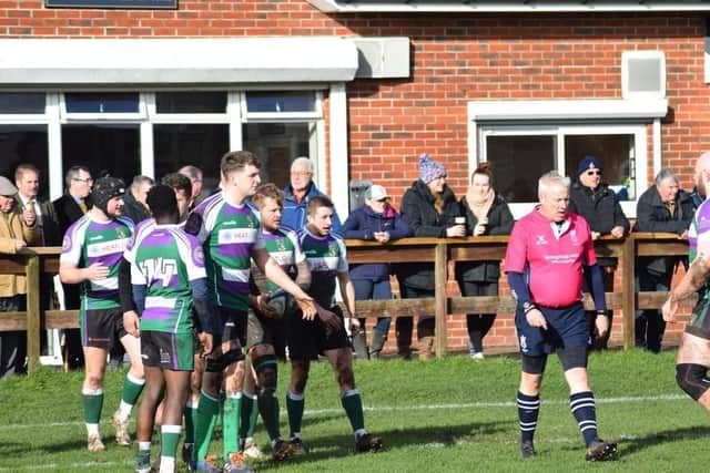 Bognor celebrate a try at Ellingham / Picture: Jess Brown