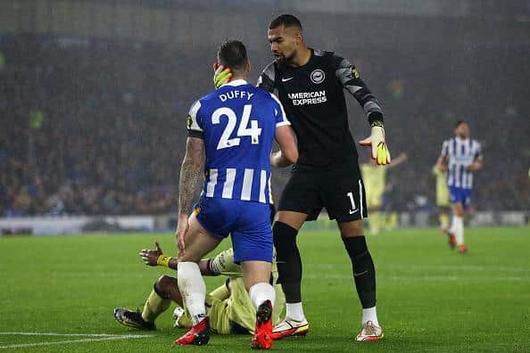 Rob Sanchez and Shane Duffy had a heated exchange during the first half against Burnley at the Amex Stadium last week