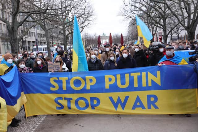 Youth groups protesting against the Ukraine invasion at the Russian Embassy in Berlin. Picture: Getty