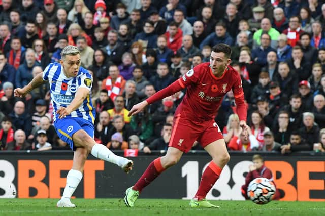 Brighton & Hove Albion head coach Graham Potter has backed winger Leandro Trossard, pictured scoring against Liverpool, to rediscover his sparkling early season form. Picture by Paul Ellis/AFP via Getty Images