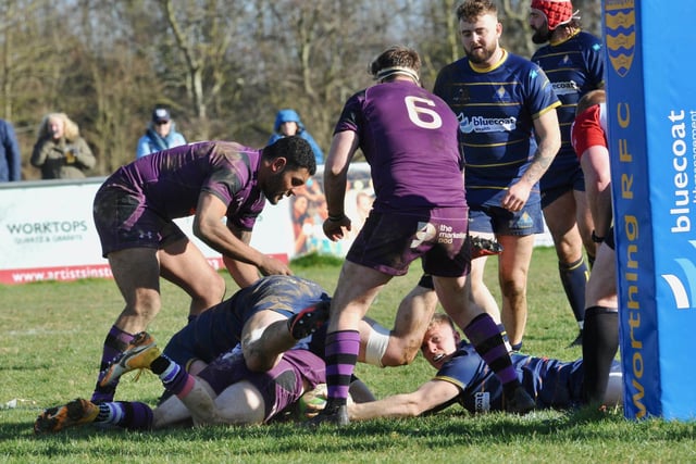 Action from Worthing Raiders' 35-19 win over Leicester in rugby's National two south at Roundstone Lane / Pictures: Stephen Goodger