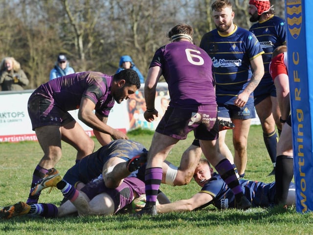 Action from Worthing Raiders' 35-19 win over Leicester in rugby's National two south at Roundstone Lane / Pictures: Stephen Goodger