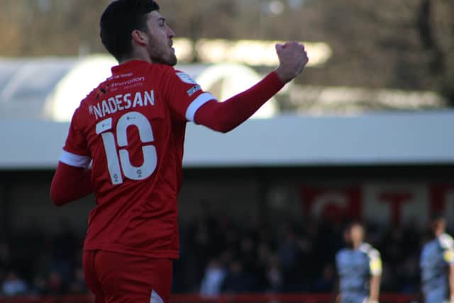 Ashley Nadesan celebrates his goal against Forest Green Rovers. Picture by Cory Pickford
