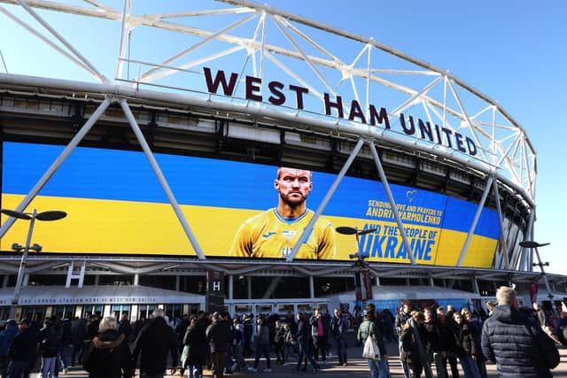 View outside West Ham's stadium with a message of support to Andriy Yarmolenko to indicate peace and sympathy with Ukraine prior to the Premier League match between West Ham United and Wolverhampton Wanderers. (Photo by Paul Harding/Getty Images)