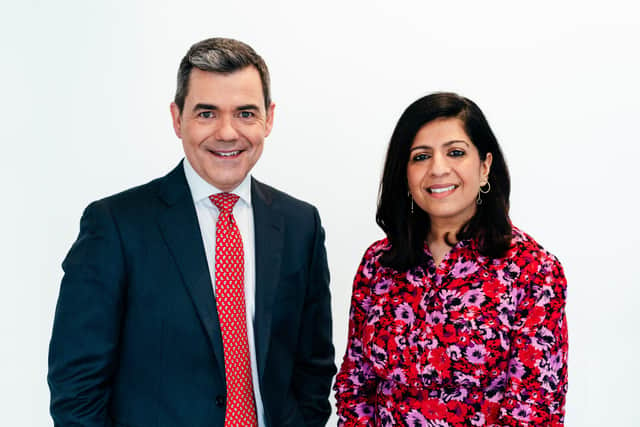 Matt Teale with Sangeeta Bhabra. Picture from ITV/Holly Bobbins SUS-220228-100131001