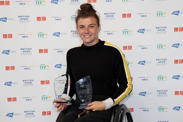 Lauren Jones with her singles and doubles trophies at the LTA British Open Wheelchair Tennis Championships at Nottingham in 2019 / Picture: Getty