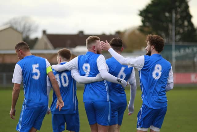Celebrations for Shoreham on their way to a 4-1 win over Arundel