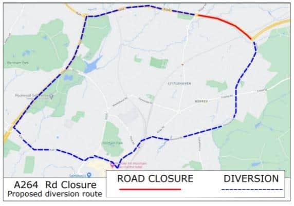 Diversions will be in place when the A264 is closed over the next few weekends to allow completion works on the new  bridge