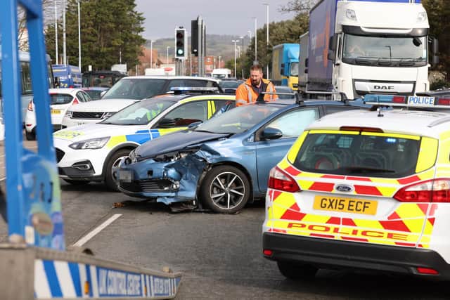 A car was badly damaged after the crash in Worthing but, thankfully, no injuries were reported. Photo: Eddie Mitchell
