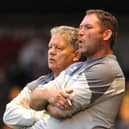 Crawley Town boss John Yems with the departing Lee Bradbury
