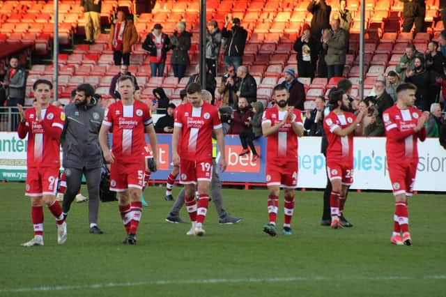 Crawley Town players celebrate the win against Forest Green Rovers over the weekend. Picture by Cory Pickford