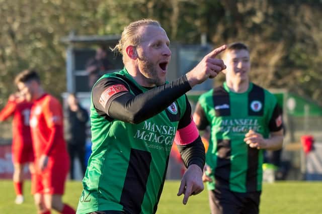 Lewis Taylor celebrates his overhead goal for Burgess Hill against Hythe / Picture: Chris Neal