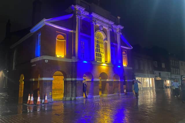 The Council House in North Street lit up with the colours of the Ukrainian flag
