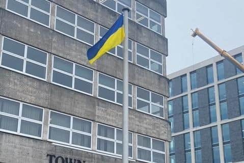The Ukrainian flag flying outside Crawley Town Hall