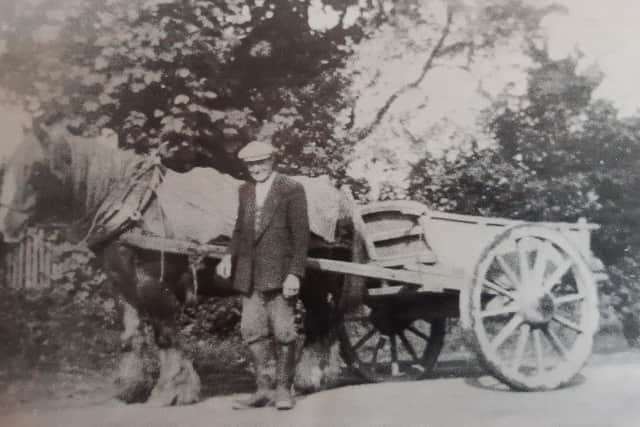 Charlie Earwicker with a sturdy old two-wheel cart made by the Staceys and their wheelwright in the early days