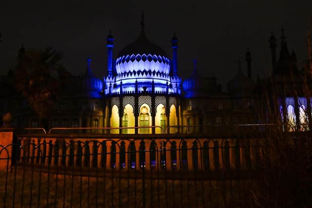 Another shot of the Pavilion lit up in yellow and blue, taken by Simon Dack