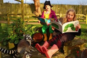 Ella Farley, six, as Luna Lovegood  and her brother Angus, four,  as Willy Wonka read to Drusillas' inquisitive lemurs.