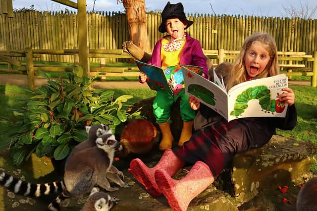 Ella Farley, six, as Luna Lovegood and her brother Angus, four, as Willy Wonka read to Drusillas' inquisitive lemurs.