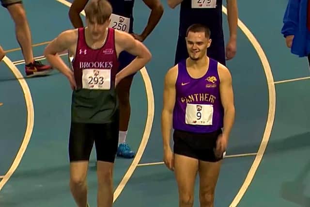 Bryn Smitn, right, happy at the end of his 60m race