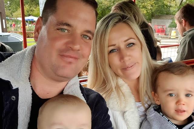Chenelle and Clay Mayger (pictured with their children Tyger and Roman) sent a red, heart-shaped balloon into the sky in Worthing, they were hoping to share a message of love with the world.