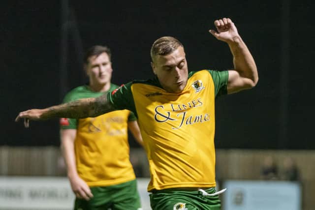 Will Miles put Horsham ahead before the break in their 2-2 draw with Cray Wanderers. Picture by Lyn Phillips & Trev Staff
