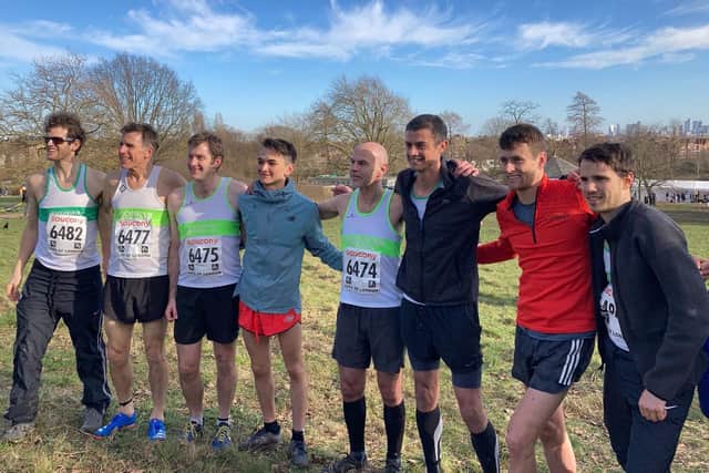 Chichester Runners' senior men with Alex Yee (red shorts) at Parliament Hill Fields