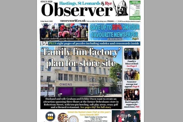 Today's front page of the Hastings, St Leonards and Rye Observer SUS-220303-125435001