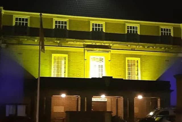 Bognor Regis Town Hall lit blue and yellow to support Ukraine