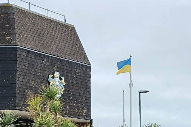 Ukraine flag flying at the Civic Centre in Littlehampton (photo by Derrick Chester)