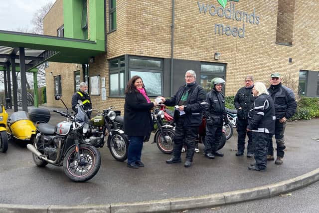 The Triumph Owners Motorcycle Club, West Sussex, presented Woodlands Meed with a cheque for £1,000 this week. Picture: Woodlands Meed.