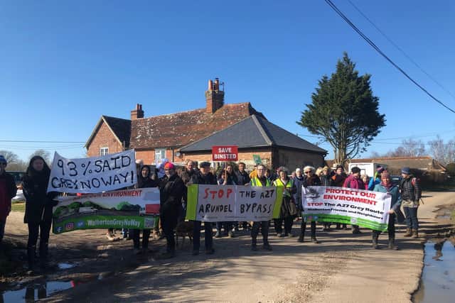 Dozens of people walked from both Walberton and Arundel to meet at Binsted on Sunday, to look at the proposed bypass route from both ends and ‘envisage the devastation it will cause to the countryside’. Photo: Matilda Tristram