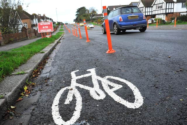 Pop-up cycle lane in Upper Shoreham Road, Shoreham. Pic Steve Robards