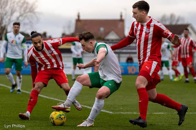 Calvin Davies tries to make something happen for Bognor against Bowers and Pitsea / Picture: Lyn Phillips