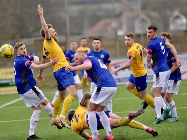 Action and goal celebrations from Lancing's 2-1 win at home to Burgess Hill Town in the Isthmian south east division / Pictures: Stephen Goodger