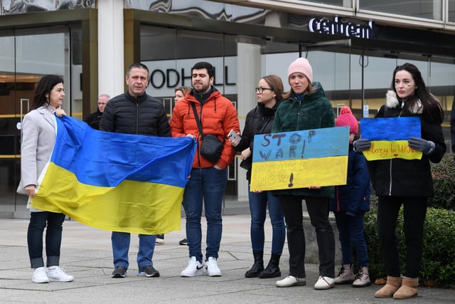 Protesters carrying the Ukraine flag joined the rally organised by Milton Keynes Peace and Justice Network