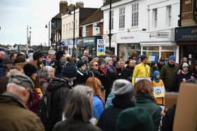 Hundreds of people came out in Shoreham-by-Sea on Saturday morning to show support to those affected by the war in Ukraine. Photo: Jeremy Gardner.