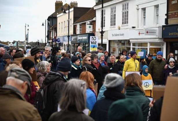 Hundreds of people came out in Shoreham-by-Sea on Saturday morning to show support to those affected by the war in Ukraine. Photo: Jeremy Gardner.