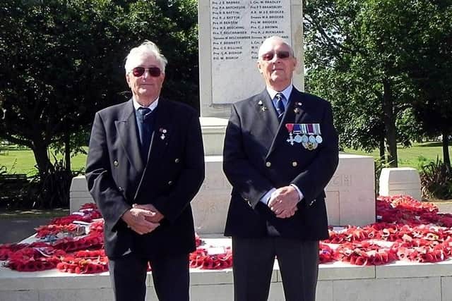 Terry Elderfield and Derek Moore at the war memorial in Caffyns Field, Littlehampton