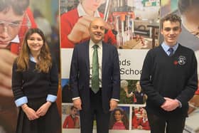 Arundel and South Downs MP Andrew Griffith with school prefects, Emma and George, Year 10