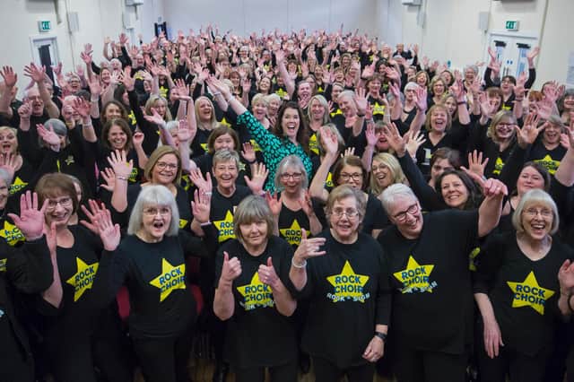 Caroline Redman Lusher with members of Bedford, Milton Keynes, Hitchin and Biggleswade Rock Choir (Picture courtesy of Martin Mckay)