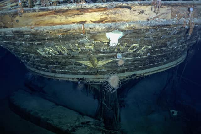 The stern of the Endurance with the name and emblematic polestar. Image © Falklands Maritime Heritage Trust / National Geographic SUS-220903-154659001