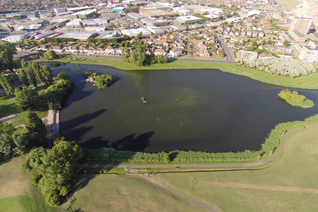 An aerial view of the lake at Brooklands Pleasure Park, East Worthing. Photograph: Eddie Mitchell