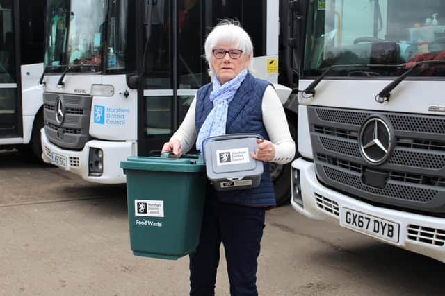 HDC Cabinet Member for Recycling and Waste Cllr Toni Bradnum with a food waste bin