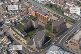 Hyde Housing's indicative plans for the Teville Gate site, also showing the Teville Gate House offices for HMRC already built out